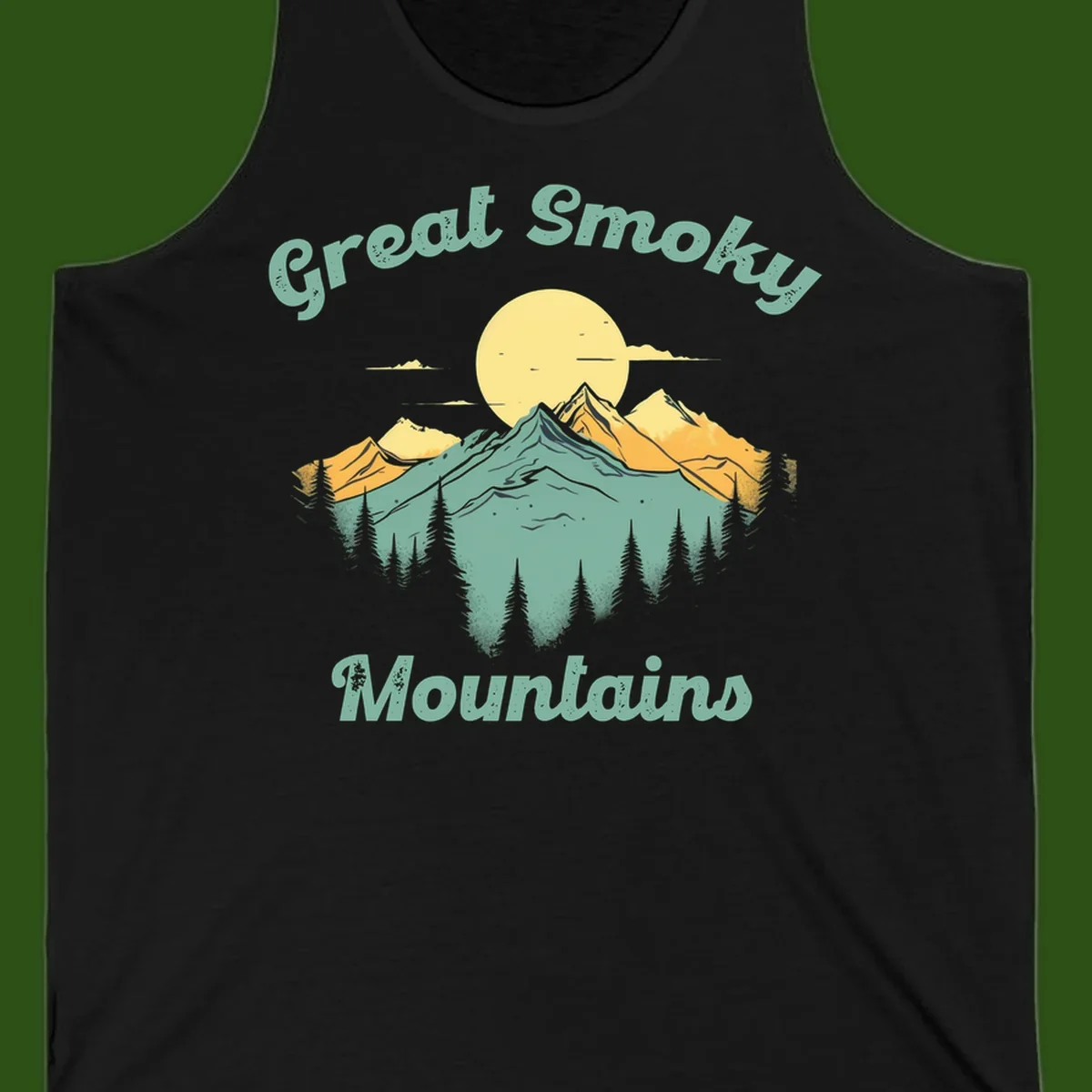 Layered mountain landscape with golden peaks, evergreen forest, and sunset sun in mint and gold tones
