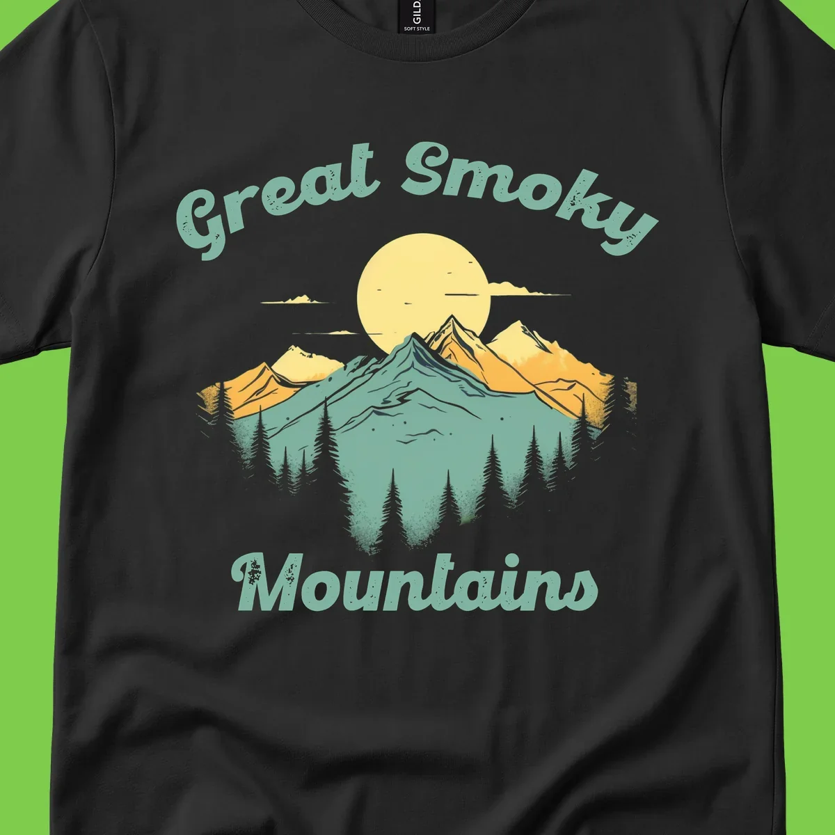 Layered mountain landscape with golden peaks, evergreen forest, and sunset sun in mint and gold tones
