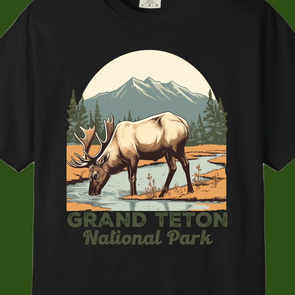 Vintage poster-style illustration of an elk drinking from a stream with Grand Teton mountains and forest in background