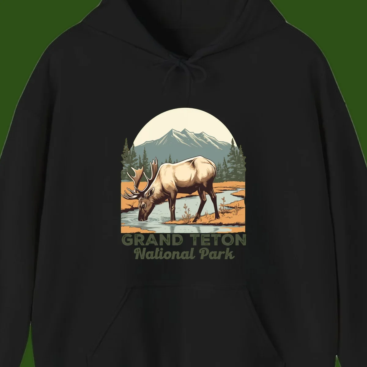 Vintage poster-style illustration of an elk drinking from a stream with Grand Teton mountains and forest in background