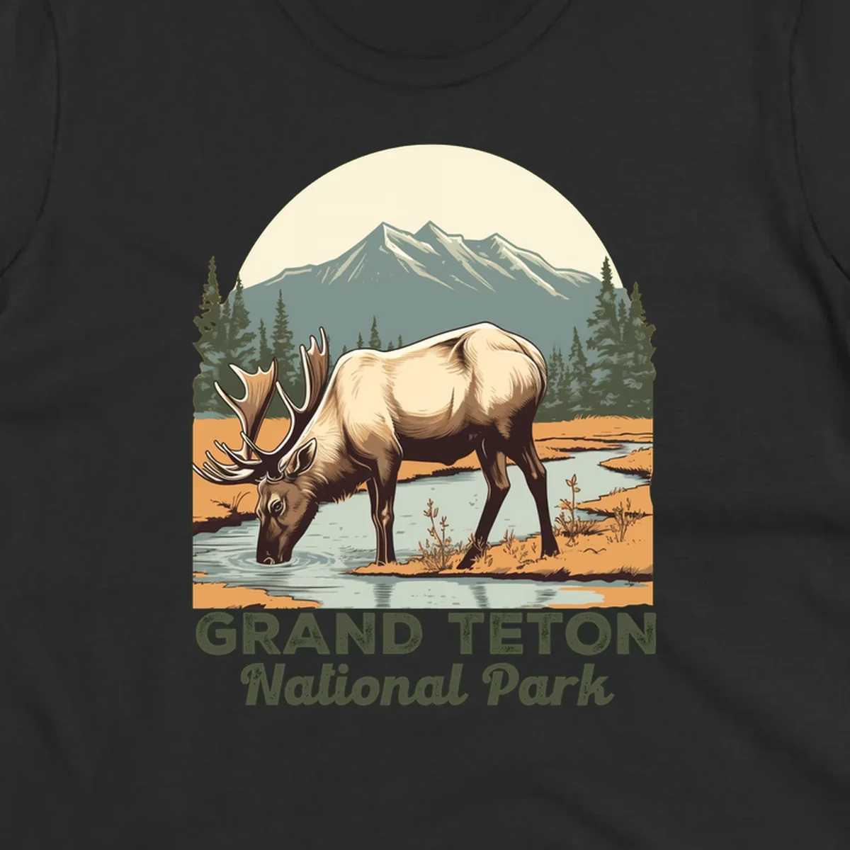 Vintage poster-style illustration of an elk drinking from a stream with Grand Teton mountains and forest in background