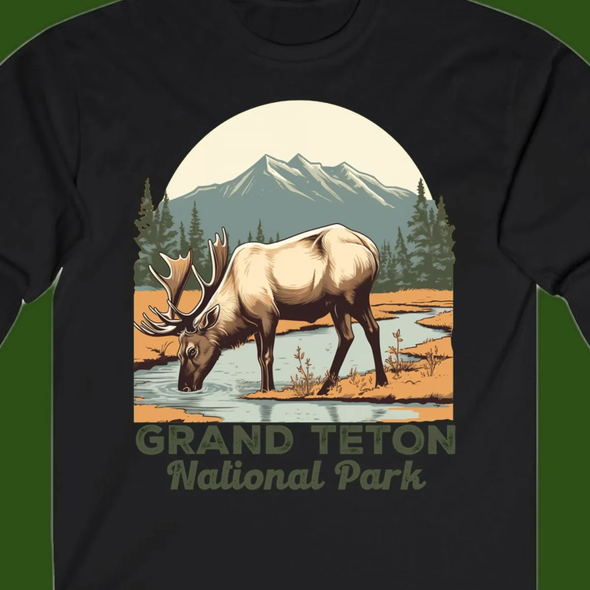 Vintage poster-style illustration of an elk drinking from a stream with Grand Teton mountains and forest in background