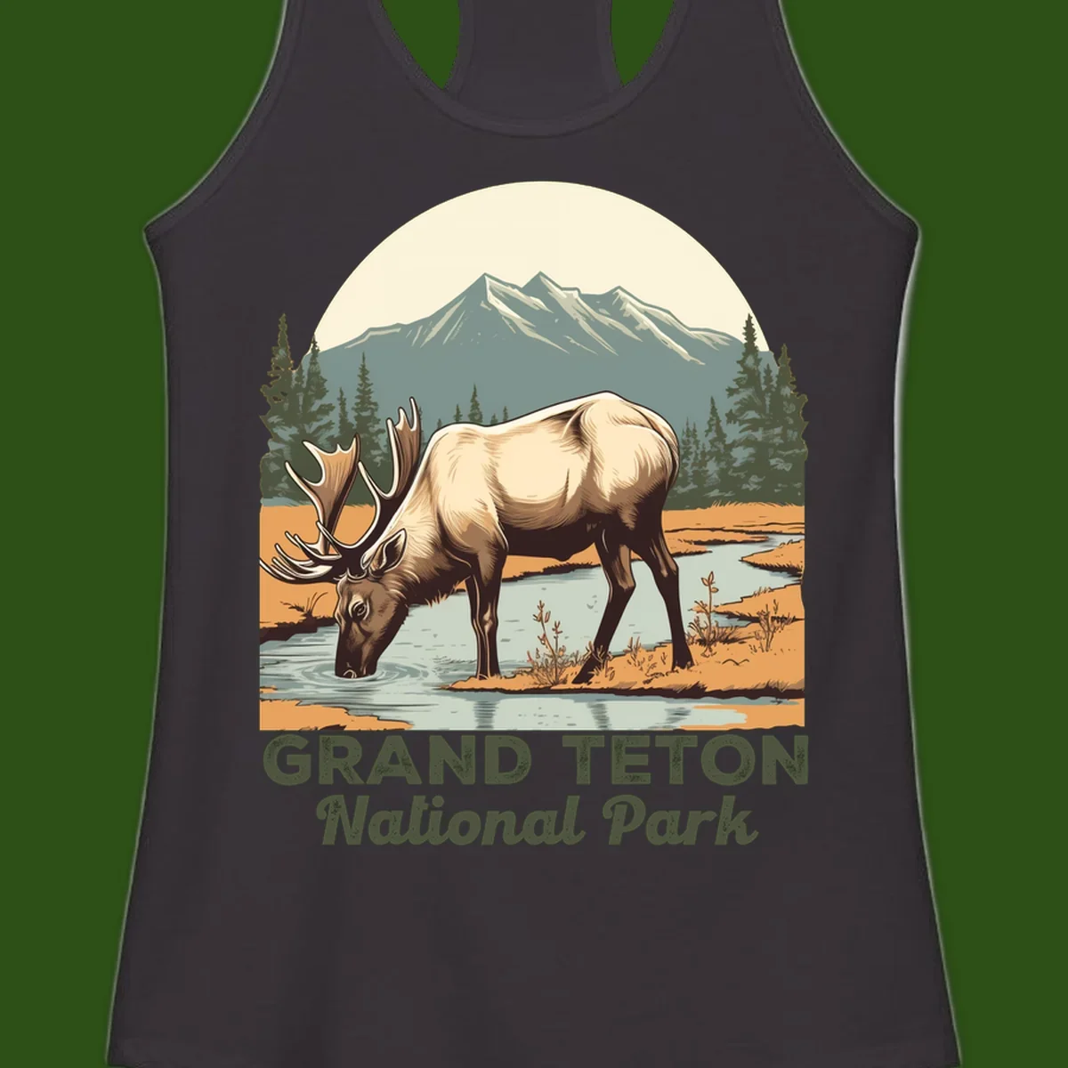 Vintage poster-style illustration of an elk drinking from a stream with Grand Teton mountains and forest in background