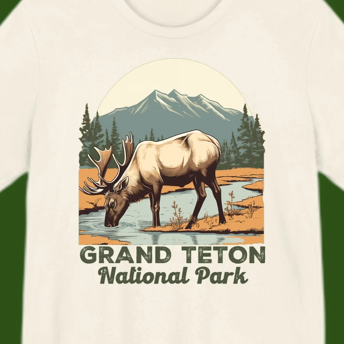 Vintage poster-style illustration of an elk drinking from a stream with Grand Teton mountains and forest in background