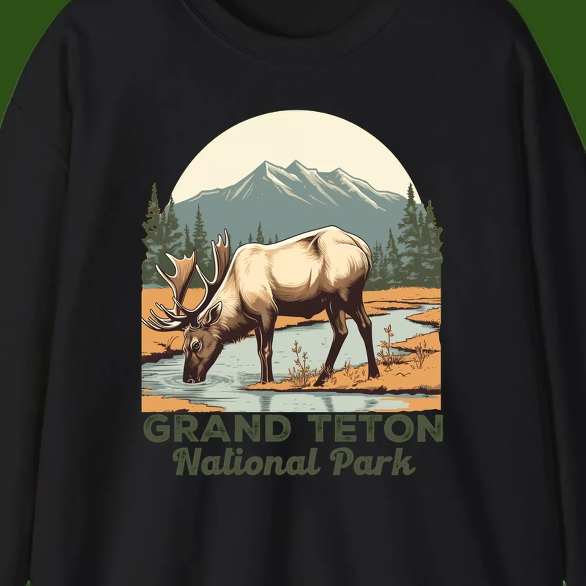 Vintage poster-style illustration of an elk drinking from a stream with Grand Teton mountains and forest in background