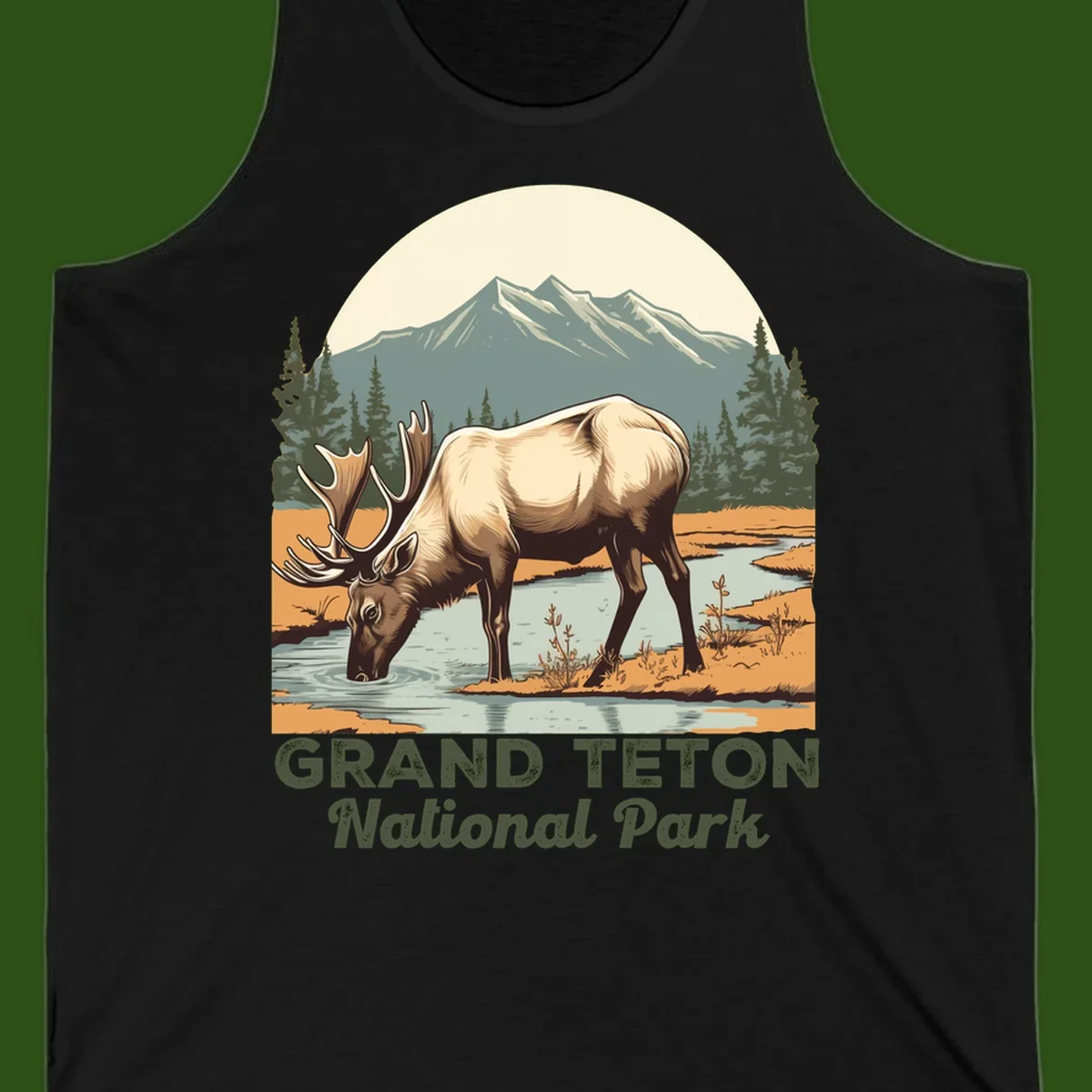 Vintage poster-style illustration of an elk drinking from a stream with Grand Teton mountains and forest in background