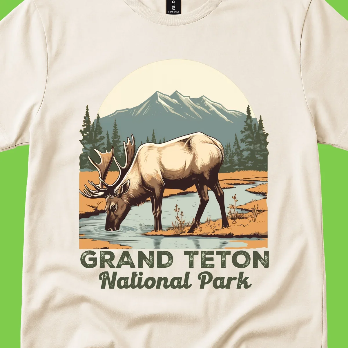Vintage poster-style illustration of an elk drinking from a stream with Grand Teton mountains and forest in background