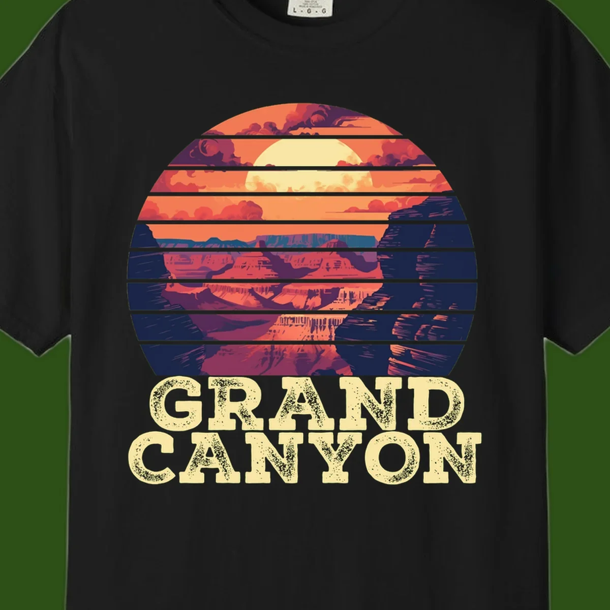 Grand Canyon sunset landscape in horizontal stripes with warm orange and red tones fading to dark blue, featuring distressed GRAND CANYON text