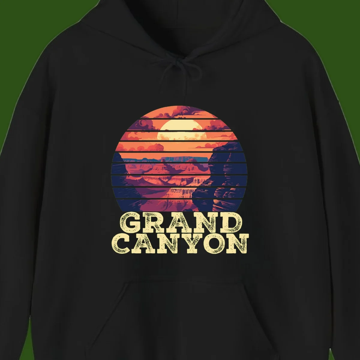 Grand Canyon sunset landscape in horizontal stripes with warm orange and red tones fading to dark blue, featuring distressed GRAND CANYON text