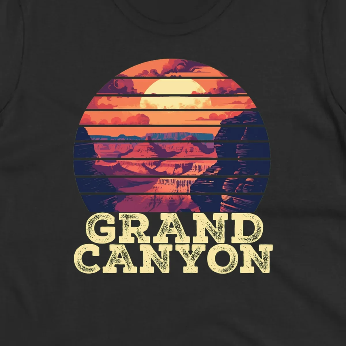 Grand Canyon sunset landscape in horizontal stripes with warm orange and red tones fading to dark blue, featuring distressed GRAND CANYON text