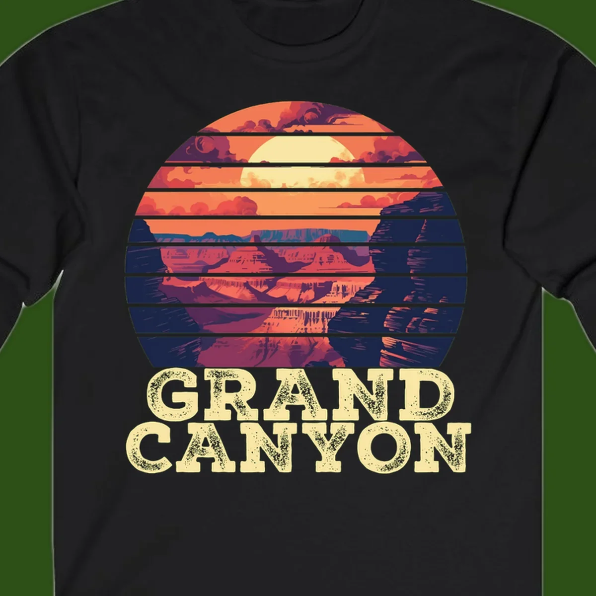 Grand Canyon sunset landscape in horizontal stripes with warm orange and red tones fading to dark blue, featuring distressed GRAND CANYON text