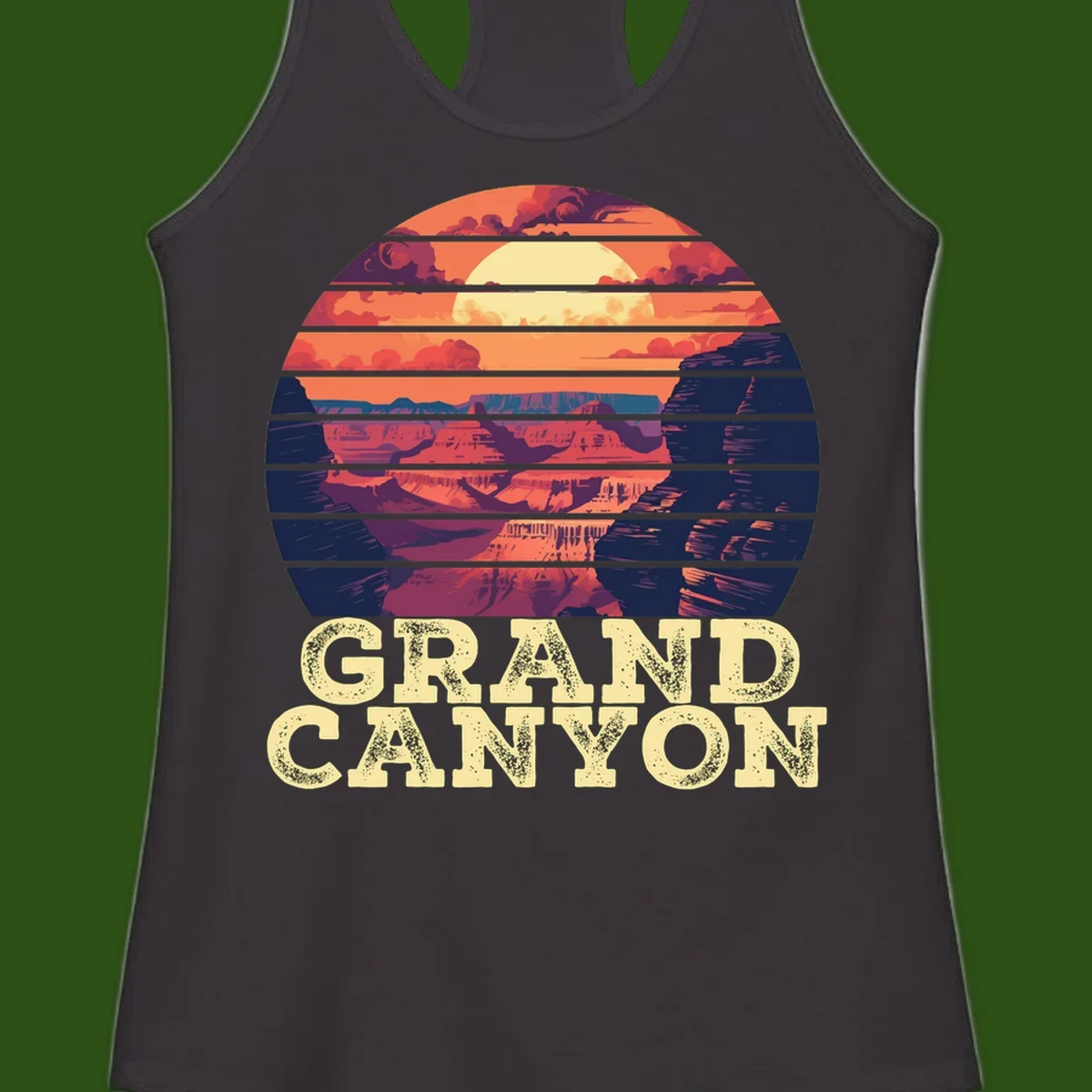 Grand Canyon sunset landscape in horizontal stripes with warm orange and red tones fading to dark blue, featuring distressed GRAND CANYON text