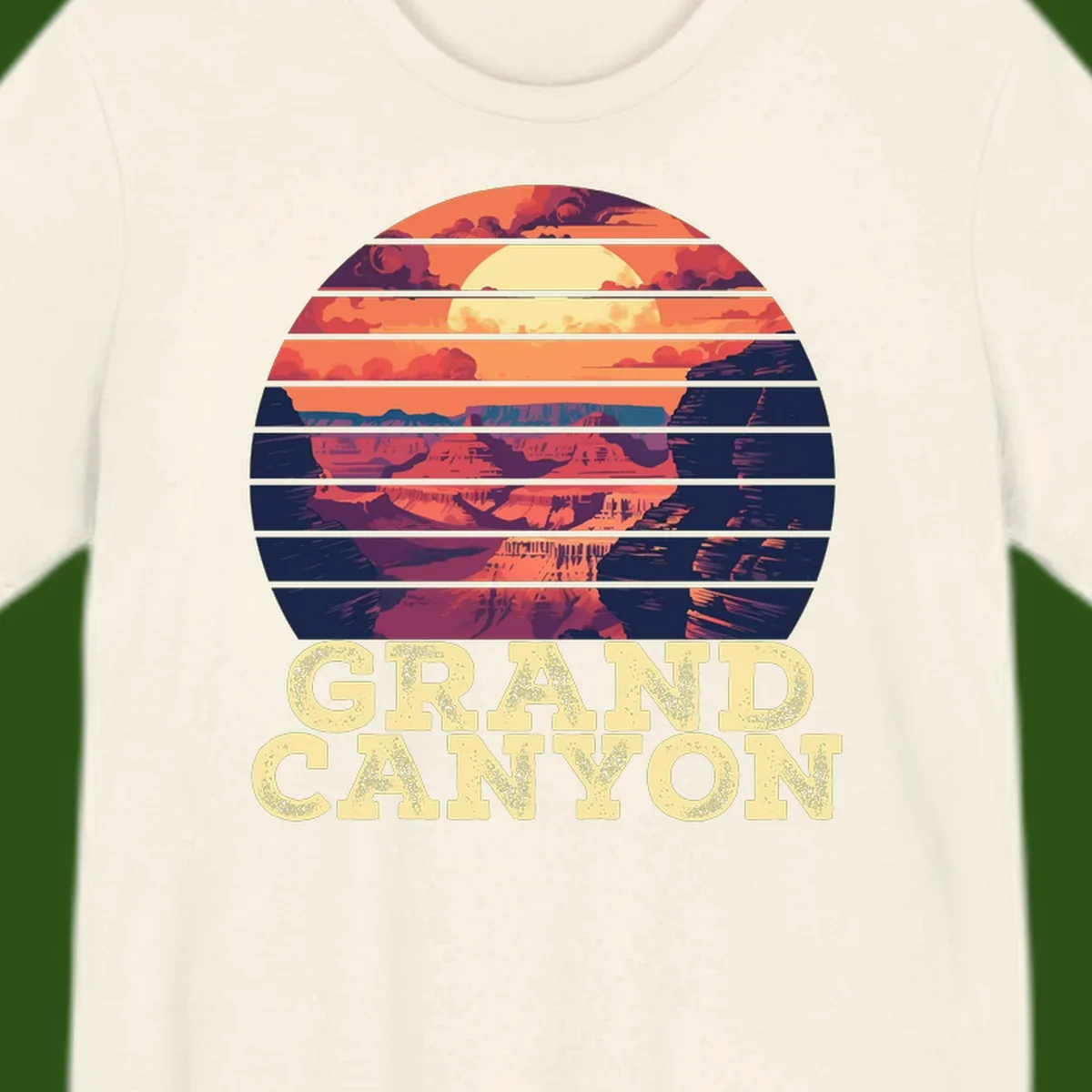 Grand Canyon sunset landscape in horizontal stripes with warm orange and red tones fading to dark blue, featuring distressed GRAND CANYON text