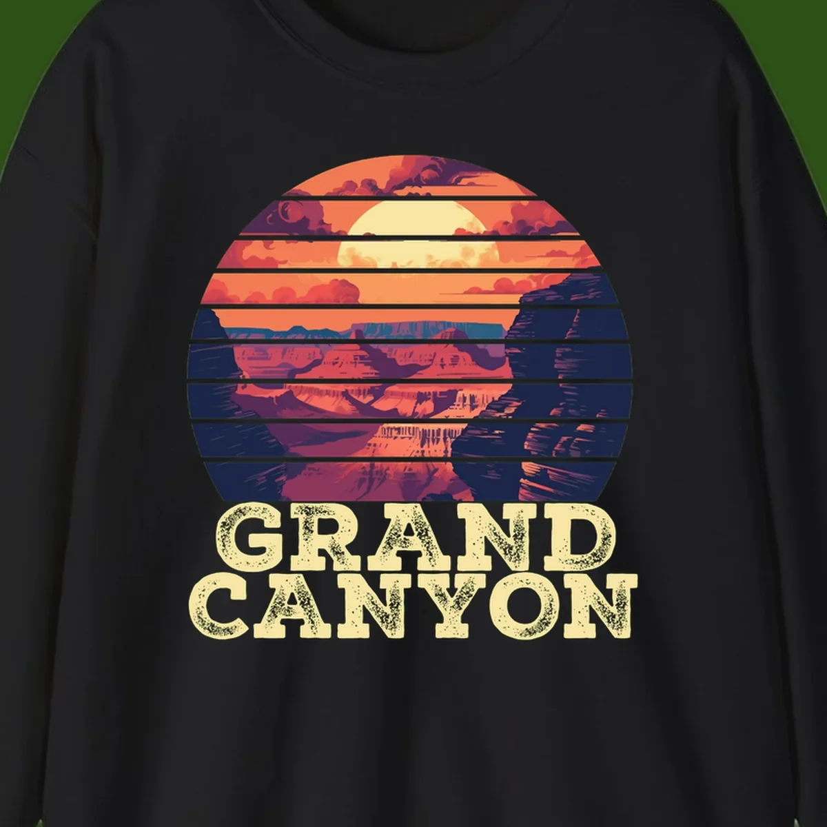 Grand Canyon sunset landscape in horizontal stripes with warm orange and red tones fading to dark blue, featuring distressed GRAND CANYON text