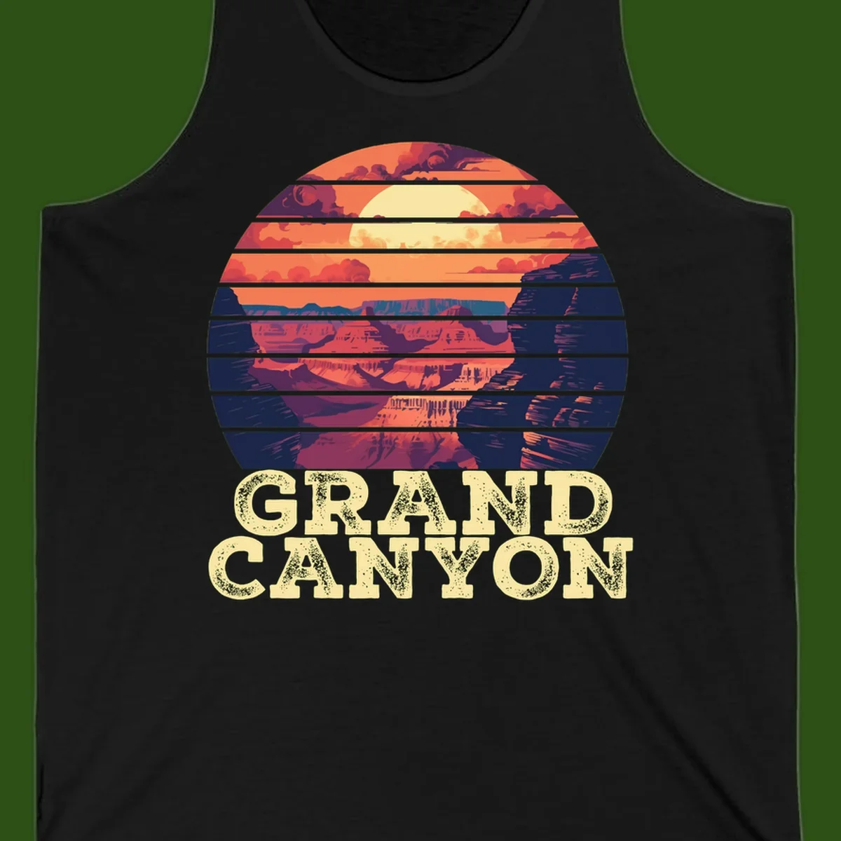 Grand Canyon sunset landscape in horizontal stripes with warm orange and red tones fading to dark blue, featuring distressed GRAND CANYON text