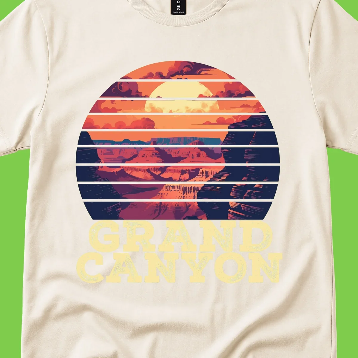 Grand Canyon sunset landscape in horizontal stripes with warm orange and red tones fading to dark blue, featuring distressed GRAND CANYON text