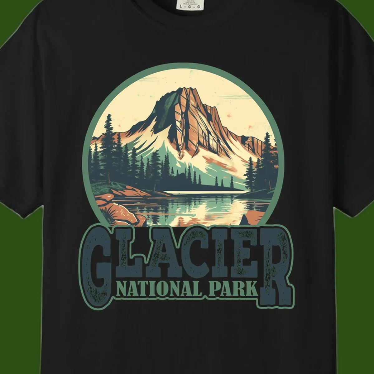 Vintage illustration of Glacier National Park mountain reflecting in alpine lake, surrounded by evergreen forest and rocky shore in circular badge design