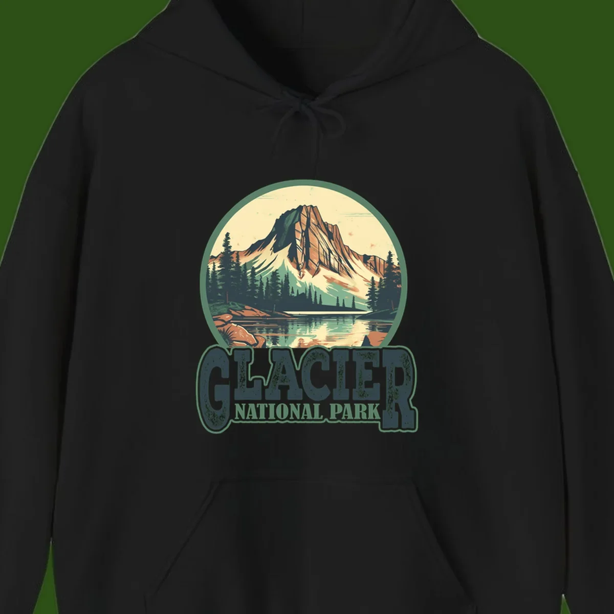 Vintage illustration of Glacier National Park mountain reflecting in alpine lake, surrounded by evergreen forest and rocky shore in circular badge design