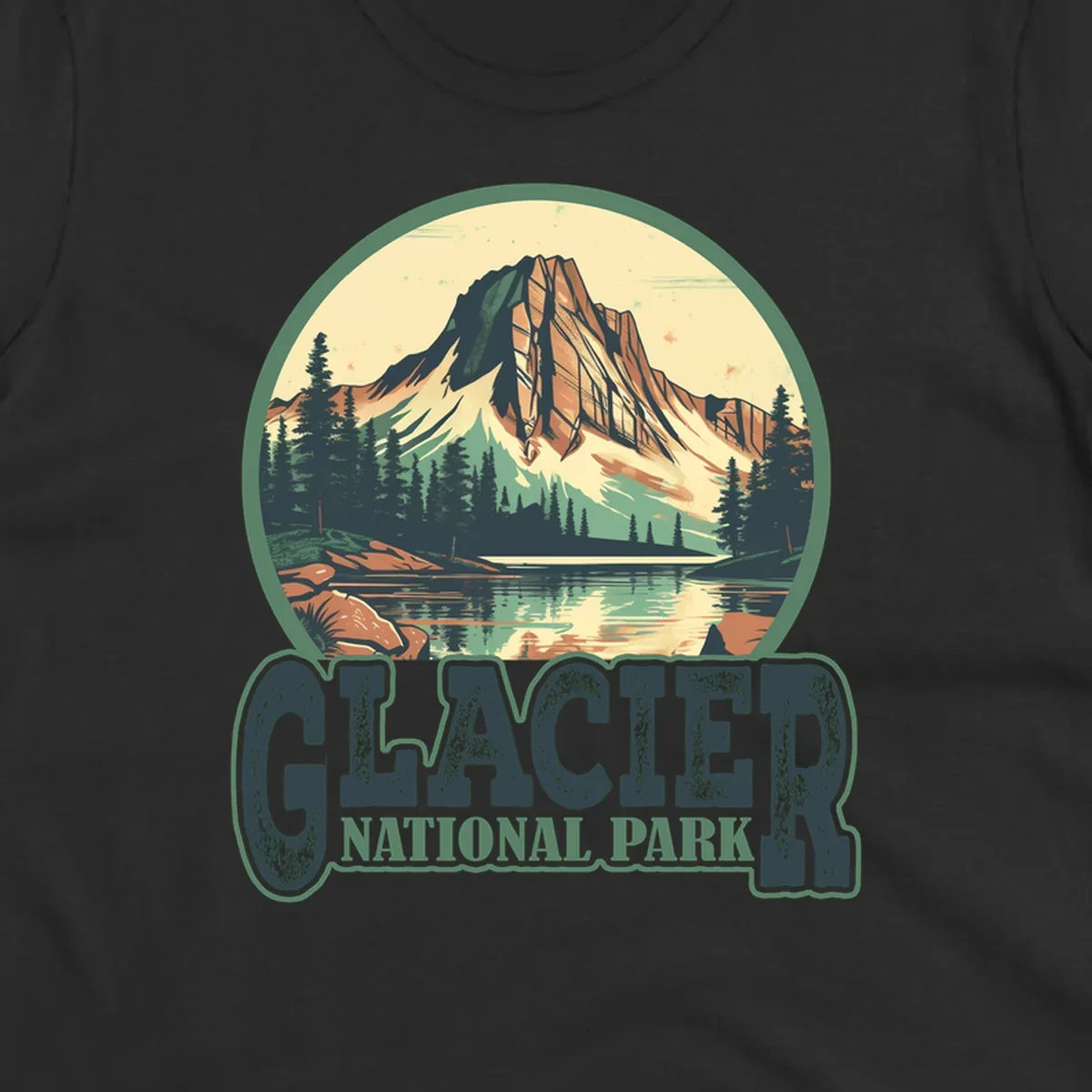 Vintage illustration of Glacier National Park mountain reflecting in alpine lake, surrounded by evergreen forest and rocky shore in circular badge design