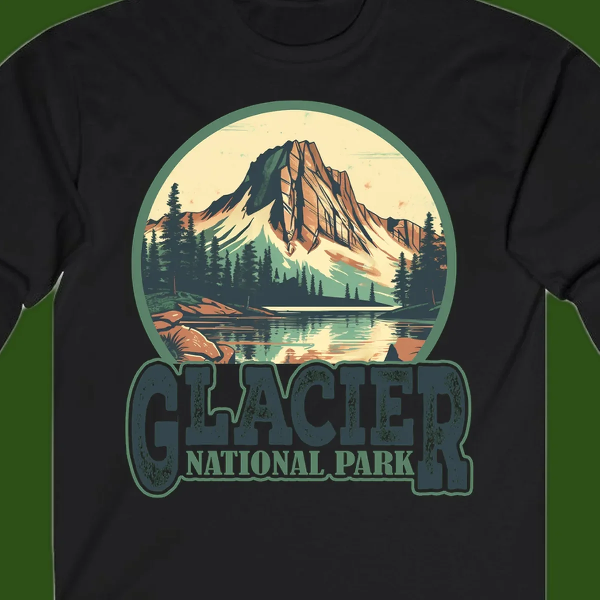 Vintage illustration of Glacier National Park mountain reflecting in alpine lake, surrounded by evergreen forest and rocky shore in circular badge design