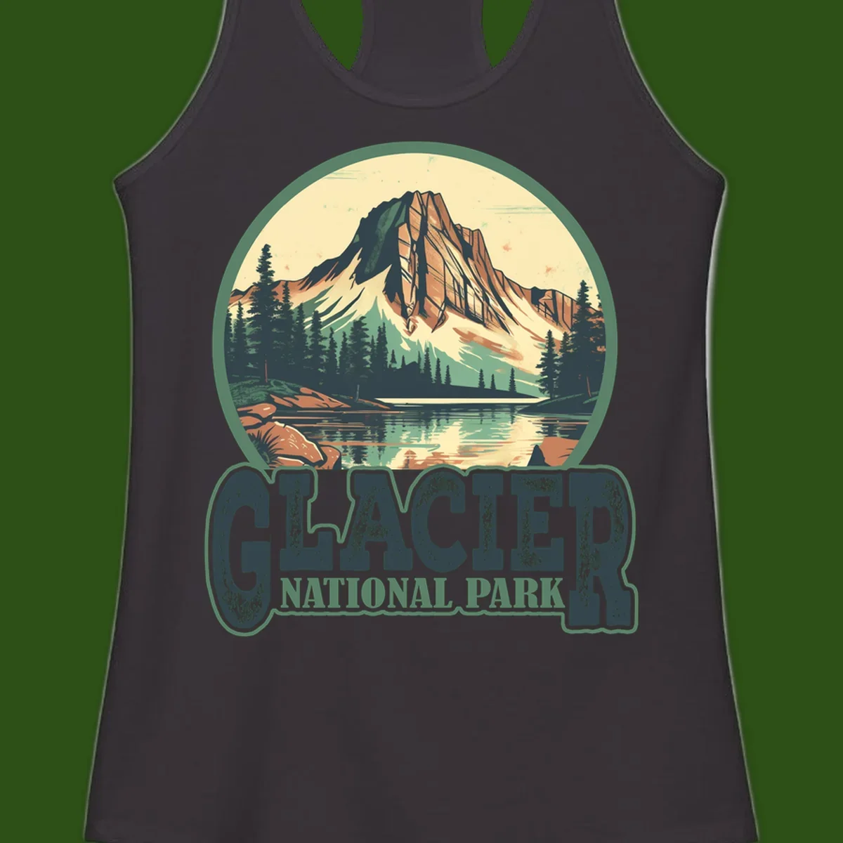 Vintage illustration of Glacier National Park mountain reflecting in alpine lake, surrounded by evergreen forest and rocky shore in circular badge design
