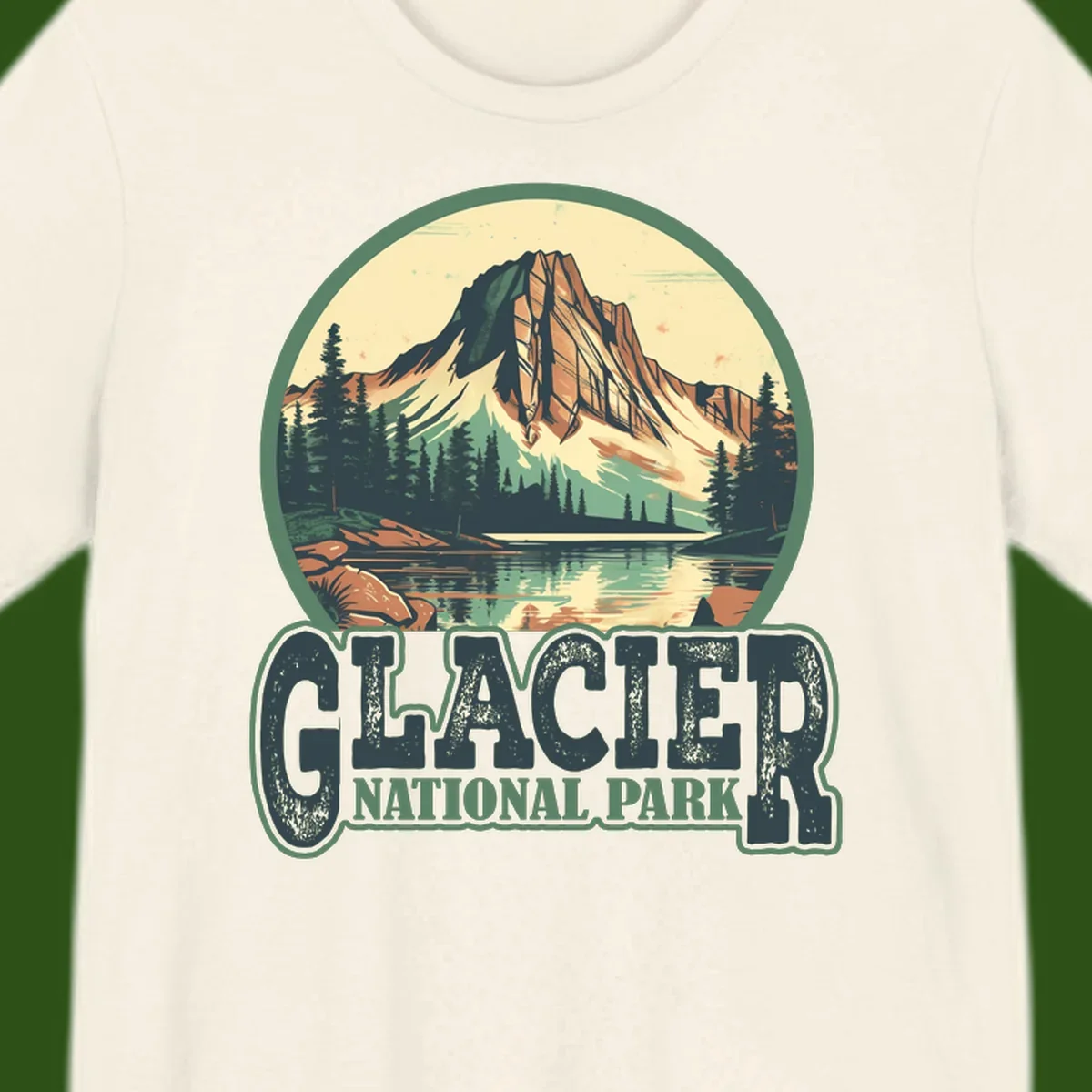 Vintage illustration of Glacier National Park mountain reflecting in alpine lake, surrounded by evergreen forest and rocky shore in circular badge design