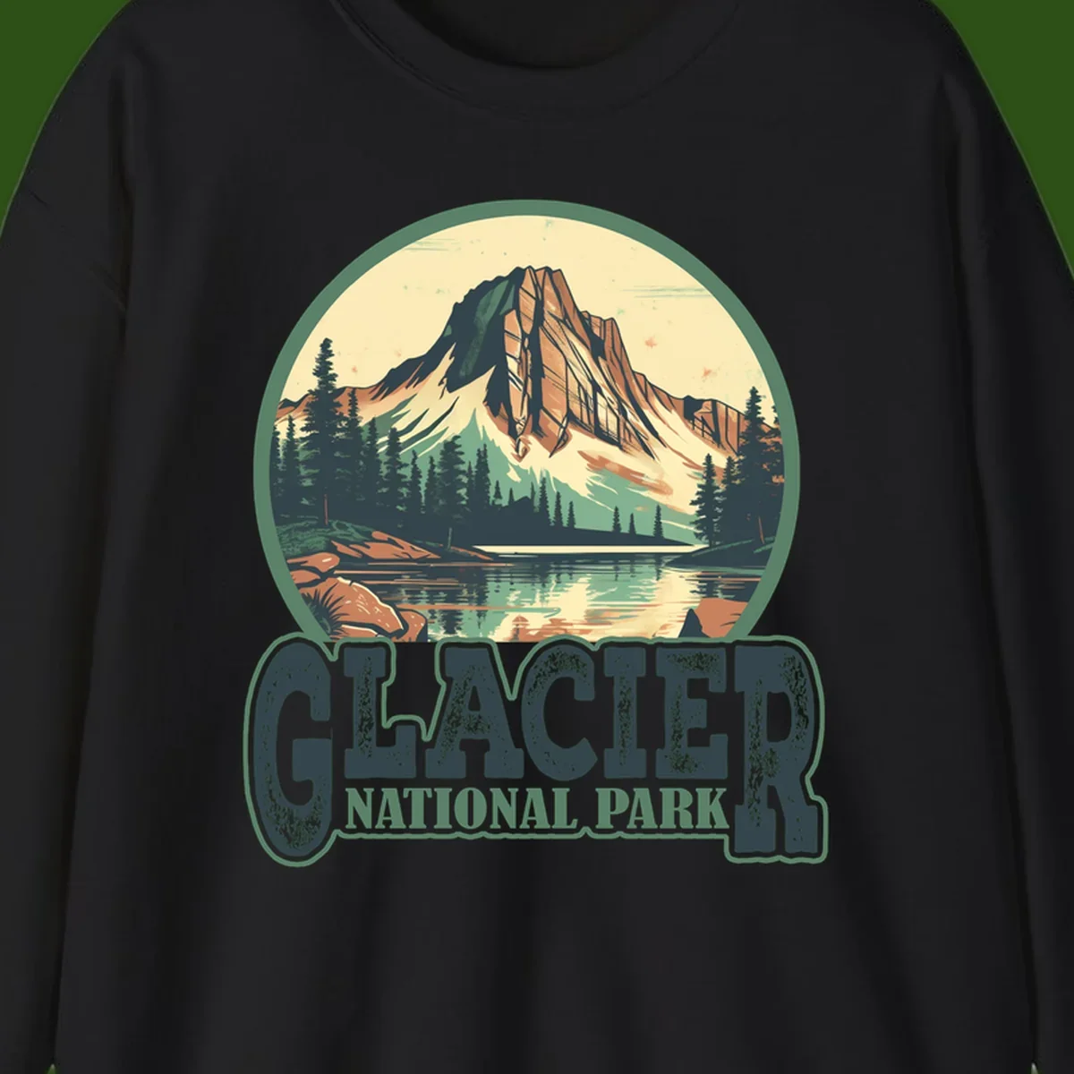 Vintage illustration of Glacier National Park mountain reflecting in alpine lake, surrounded by evergreen forest and rocky shore in circular badge design