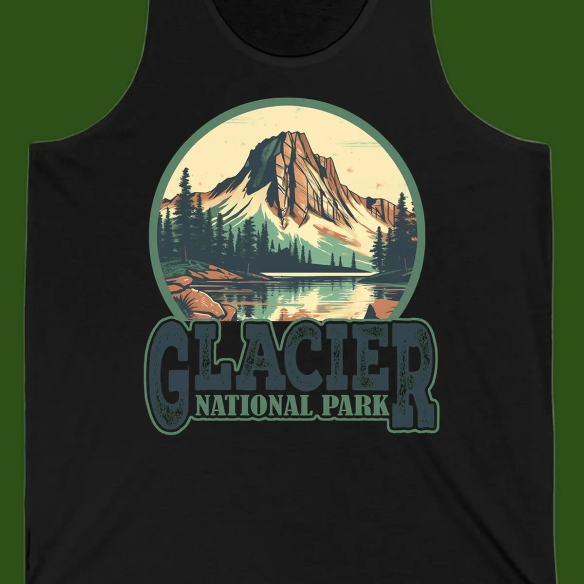 Vintage illustration of Glacier National Park mountain reflecting in alpine lake, surrounded by evergreen forest and rocky shore in circular badge design