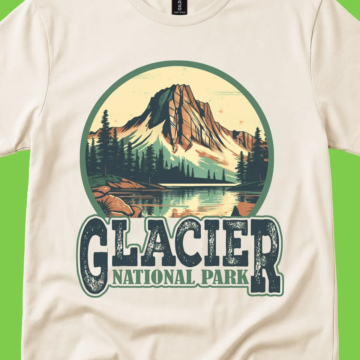 Vintage illustration of Glacier National Park mountain reflecting in alpine lake, surrounded by evergreen forest and rocky shore in circular badge design