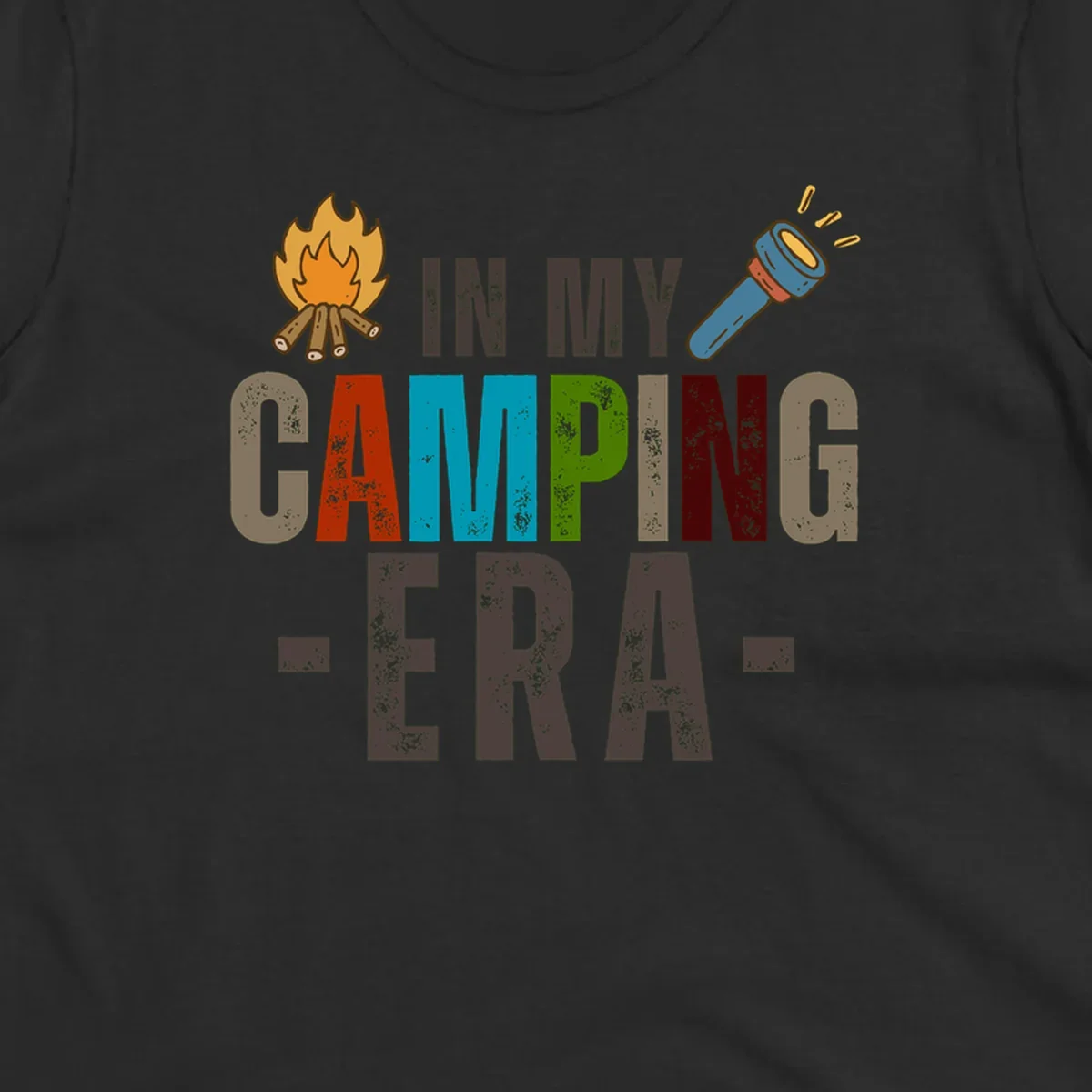 Campfire and flashlight icons flank colorful distressed text reading 'In My Camping Era' on gray background