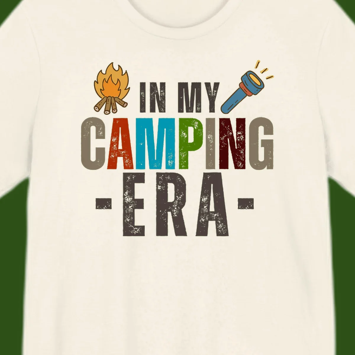 Campfire and flashlight icons flank colorful distressed text reading 'In My Camping Era' on gray background