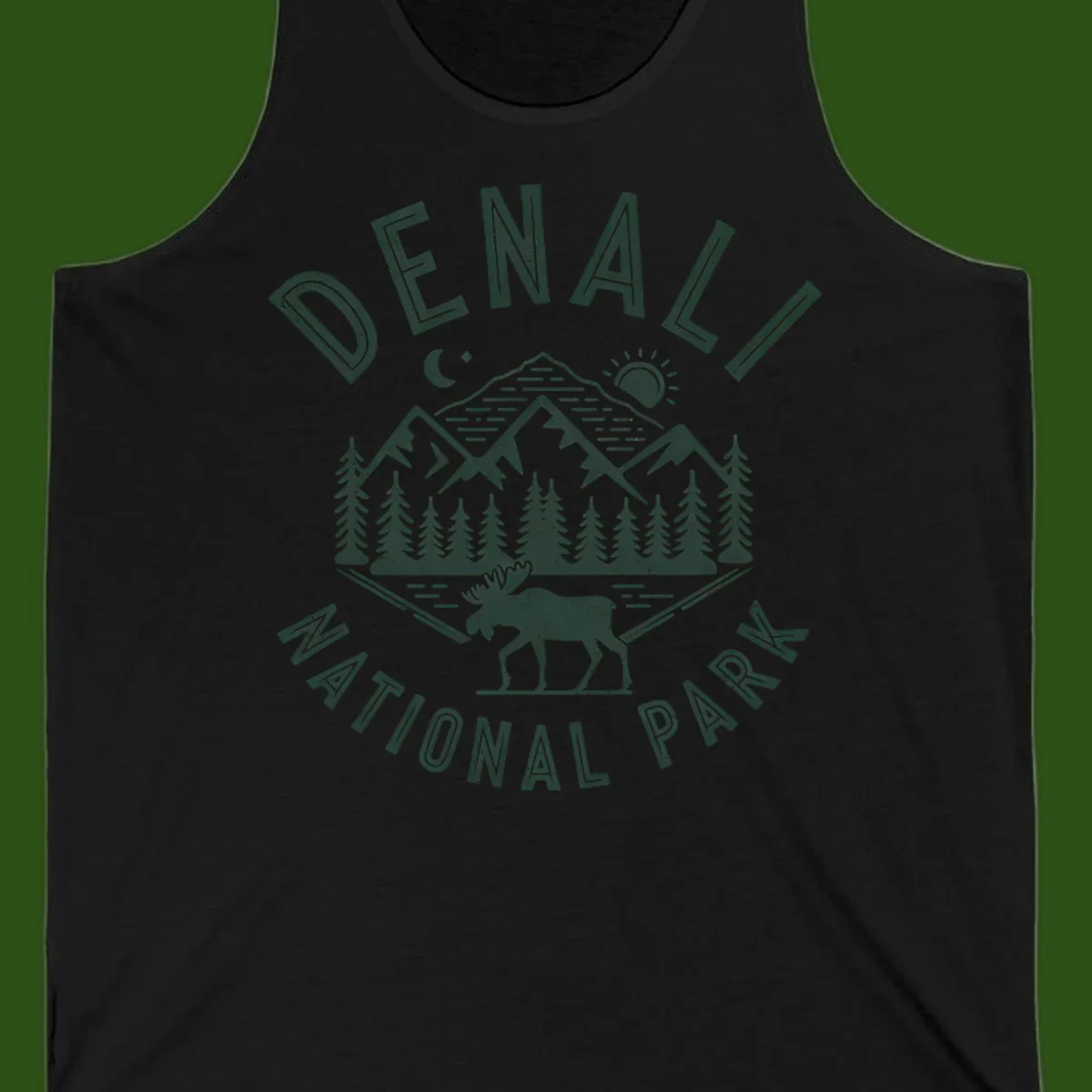 Denial National Park badge design with moose walking through forest, mountains, sun and moon with crossed fishing rods