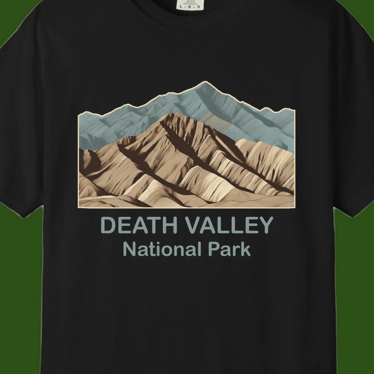 Vintage-style illustration of Death Valley badlands with layered tan and brown striped mountains, teal peaks in background, and text reading Death Valley National Park.