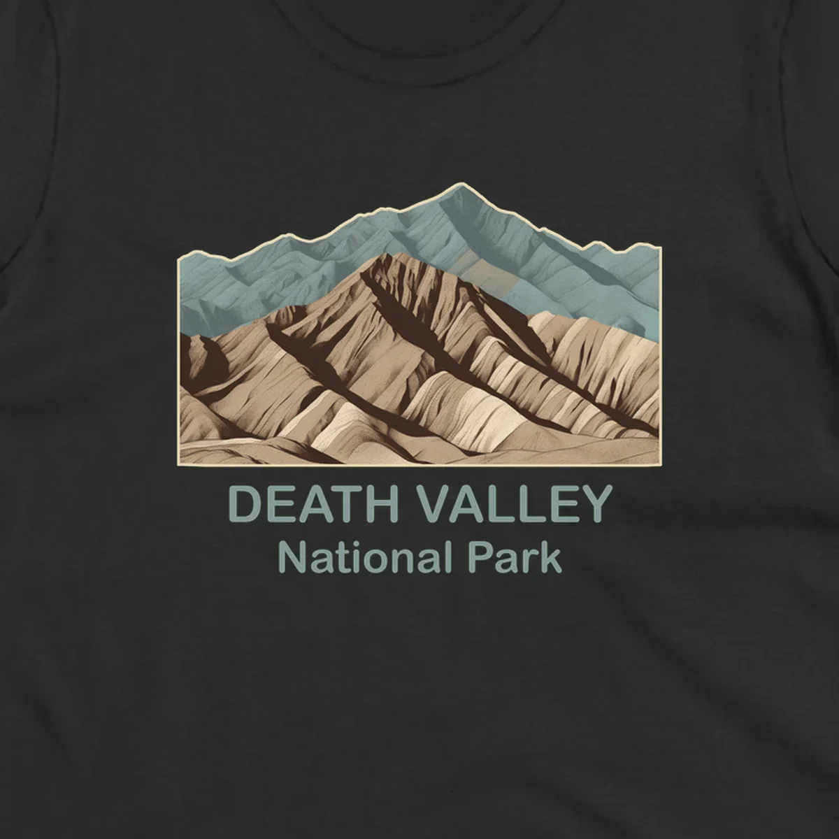Vintage-style illustration of Death Valley badlands with layered tan and brown striped mountains, teal peaks in background, and text reading Death Valley National Park.