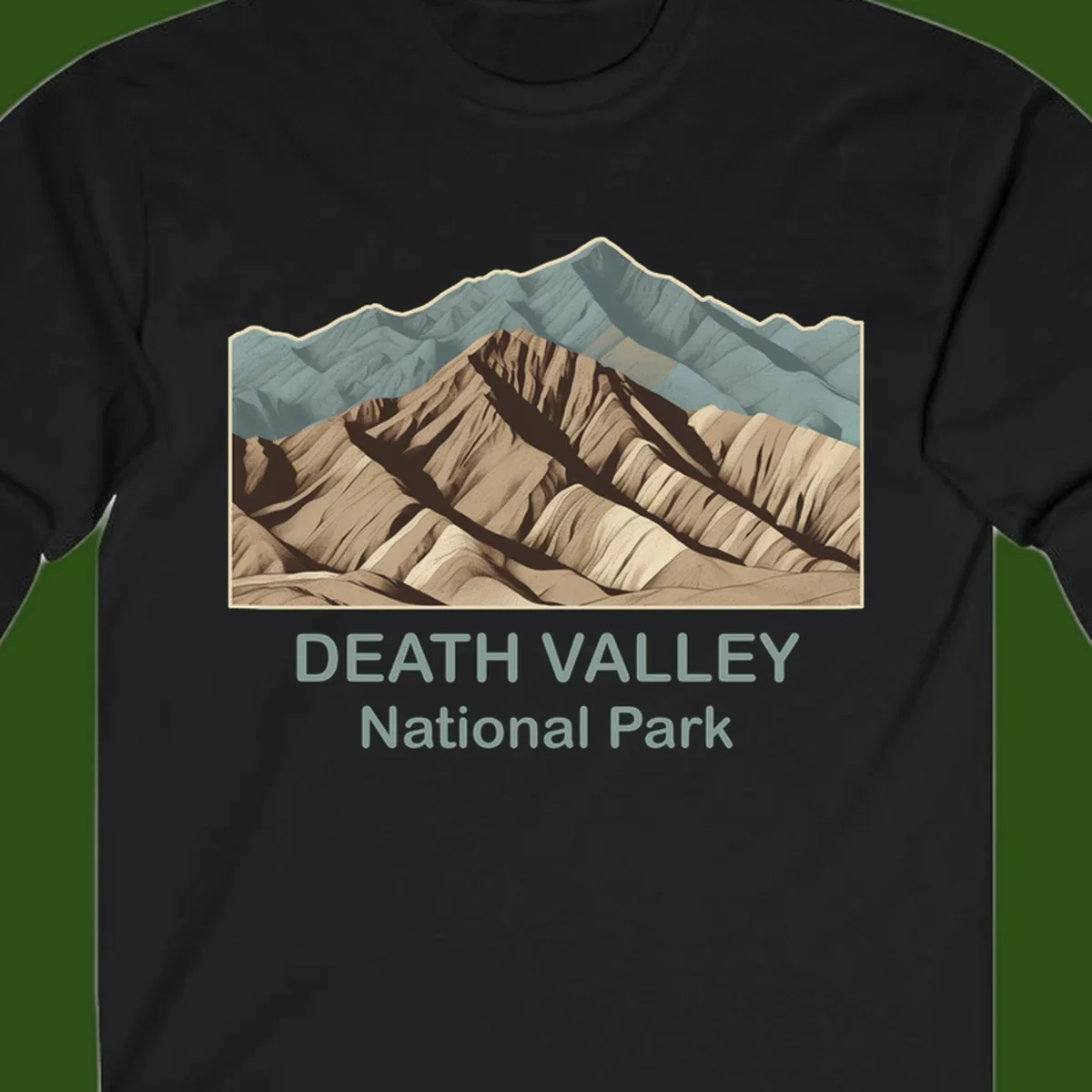 Vintage-style illustration of Death Valley badlands with layered tan and brown striped mountains, teal peaks in background, and text reading Death Valley National Park.