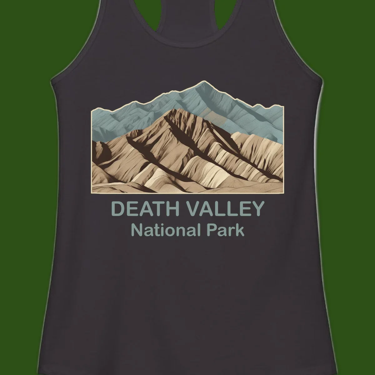 Vintage-style illustration of Death Valley badlands with layered tan and brown striped mountains, teal peaks in background, and text reading Death Valley National Park.