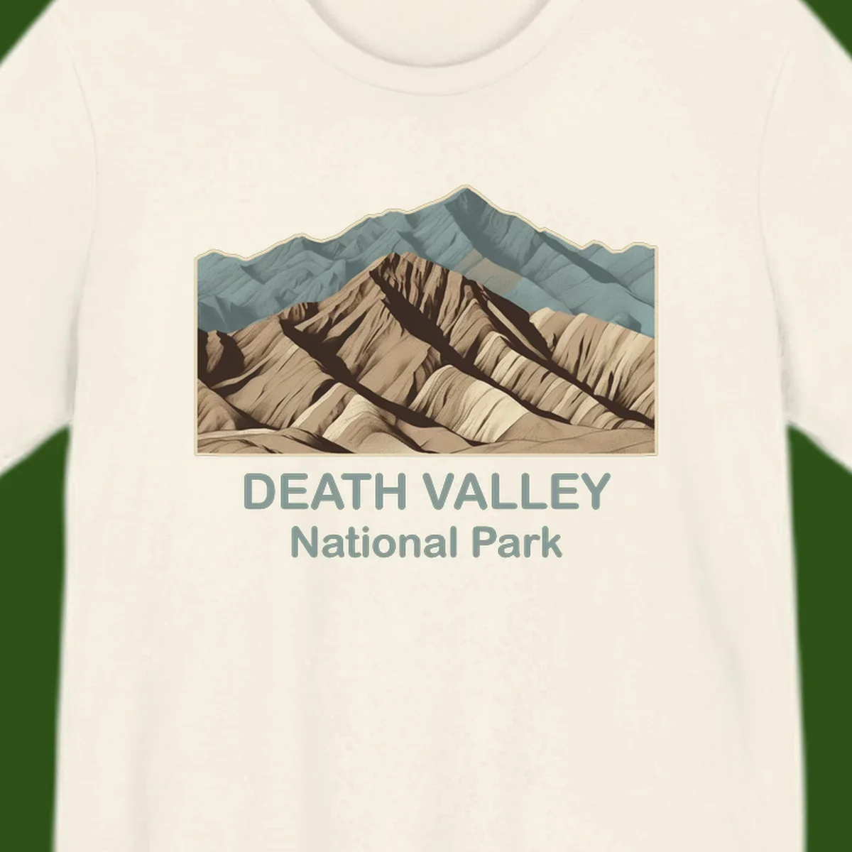 Vintage-style illustration of Death Valley badlands with layered tan and brown striped mountains, teal peaks in background, and text reading Death Valley National Park.