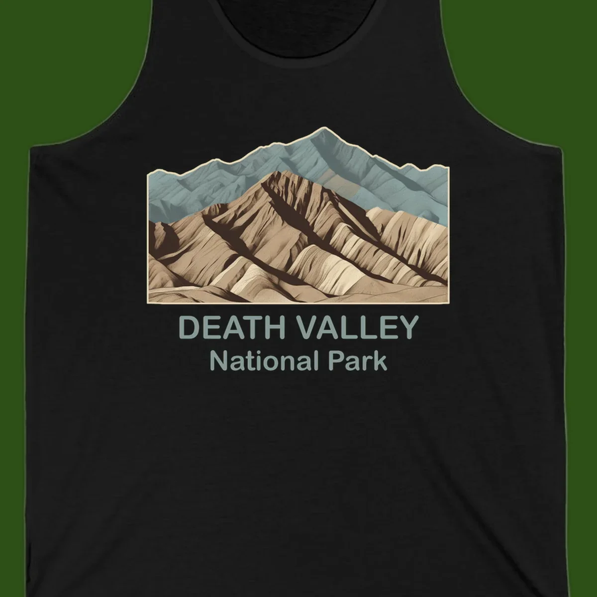 Vintage-style illustration of Death Valley badlands with layered tan and brown striped mountains, teal peaks in background, and text reading Death Valley National Park.