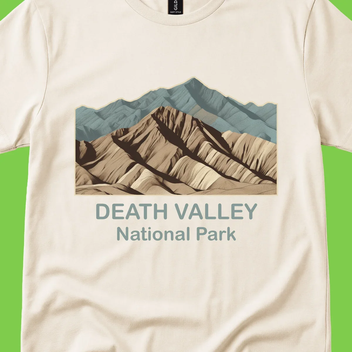 Vintage-style illustration of Death Valley badlands with layered tan and brown striped mountains, teal peaks in background, and text reading Death Valley National Park.