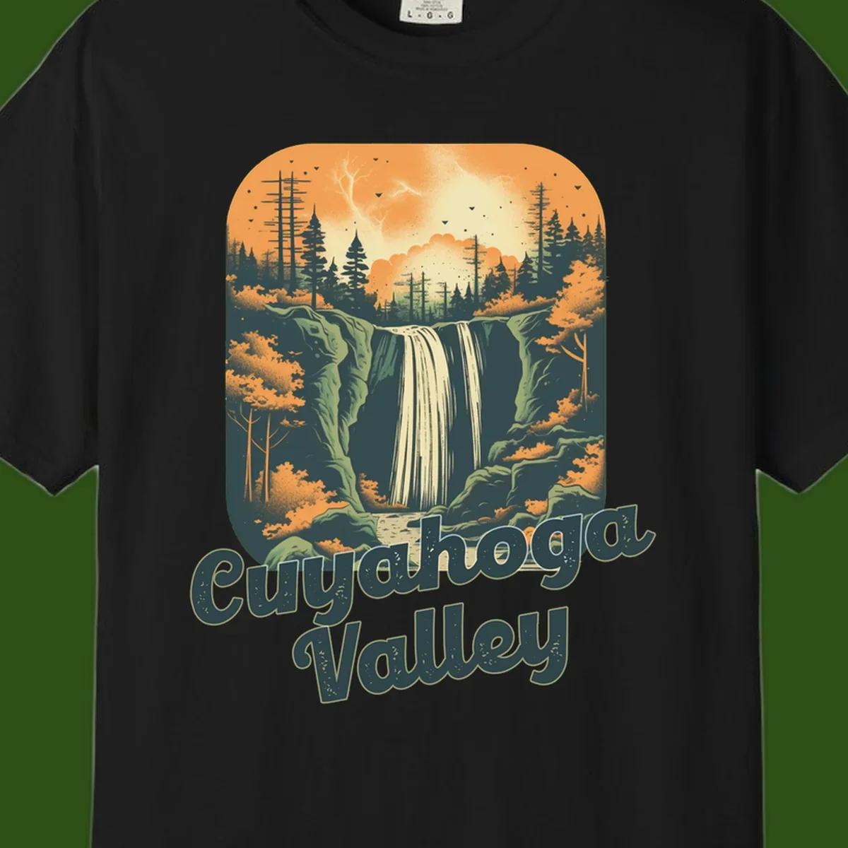 Vintage-style illustration of Eureka Valley waterfall with cliffs, evergreen trees, and autumn colors against warm orange sky