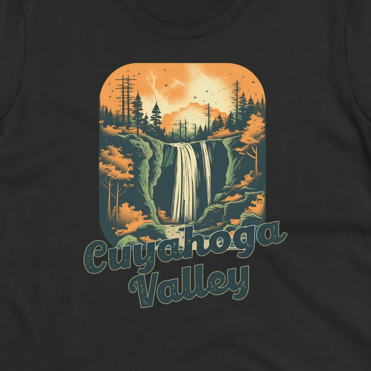 Vintage-style illustration of Eureka Valley waterfall with cliffs, evergreen trees, and autumn colors against warm orange sky