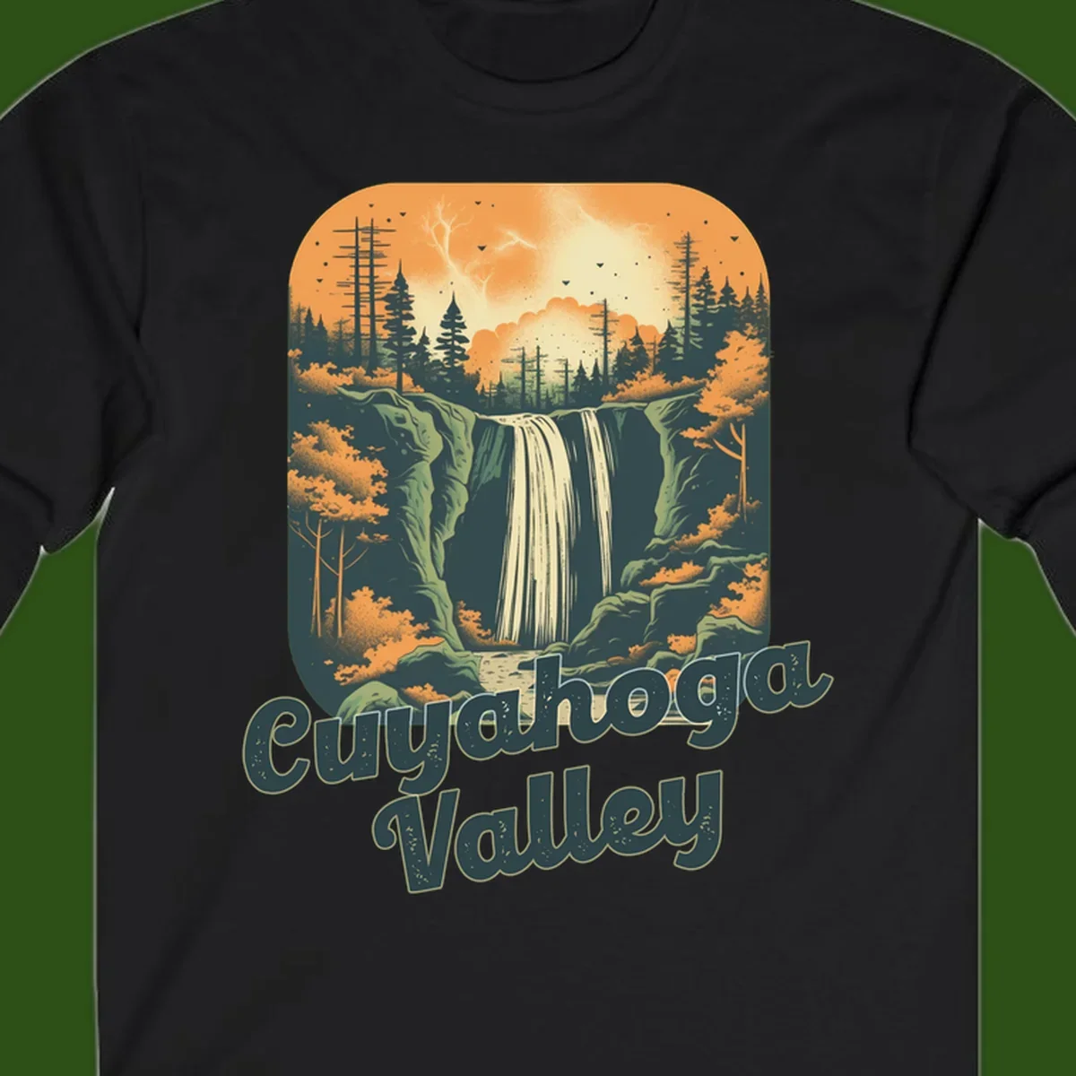 Vintage-style illustration of Eureka Valley waterfall with cliffs, evergreen trees, and autumn colors against warm orange sky