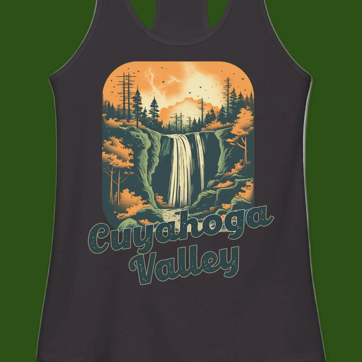 Vintage-style illustration of Eureka Valley waterfall with cliffs, evergreen trees, and autumn colors against warm orange sky