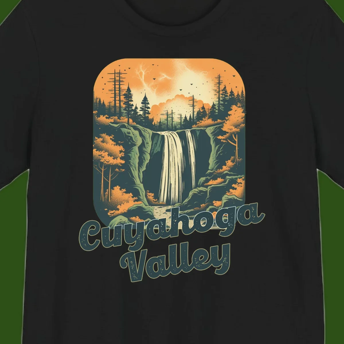 Vintage-style illustration of Eureka Valley waterfall with cliffs, evergreen trees, and autumn colors against warm orange sky