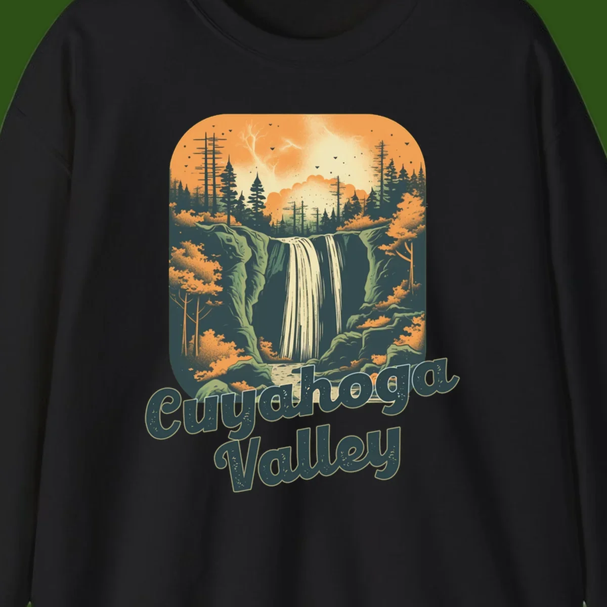 Vintage-style illustration of Eureka Valley waterfall with cliffs, evergreen trees, and autumn colors against warm orange sky