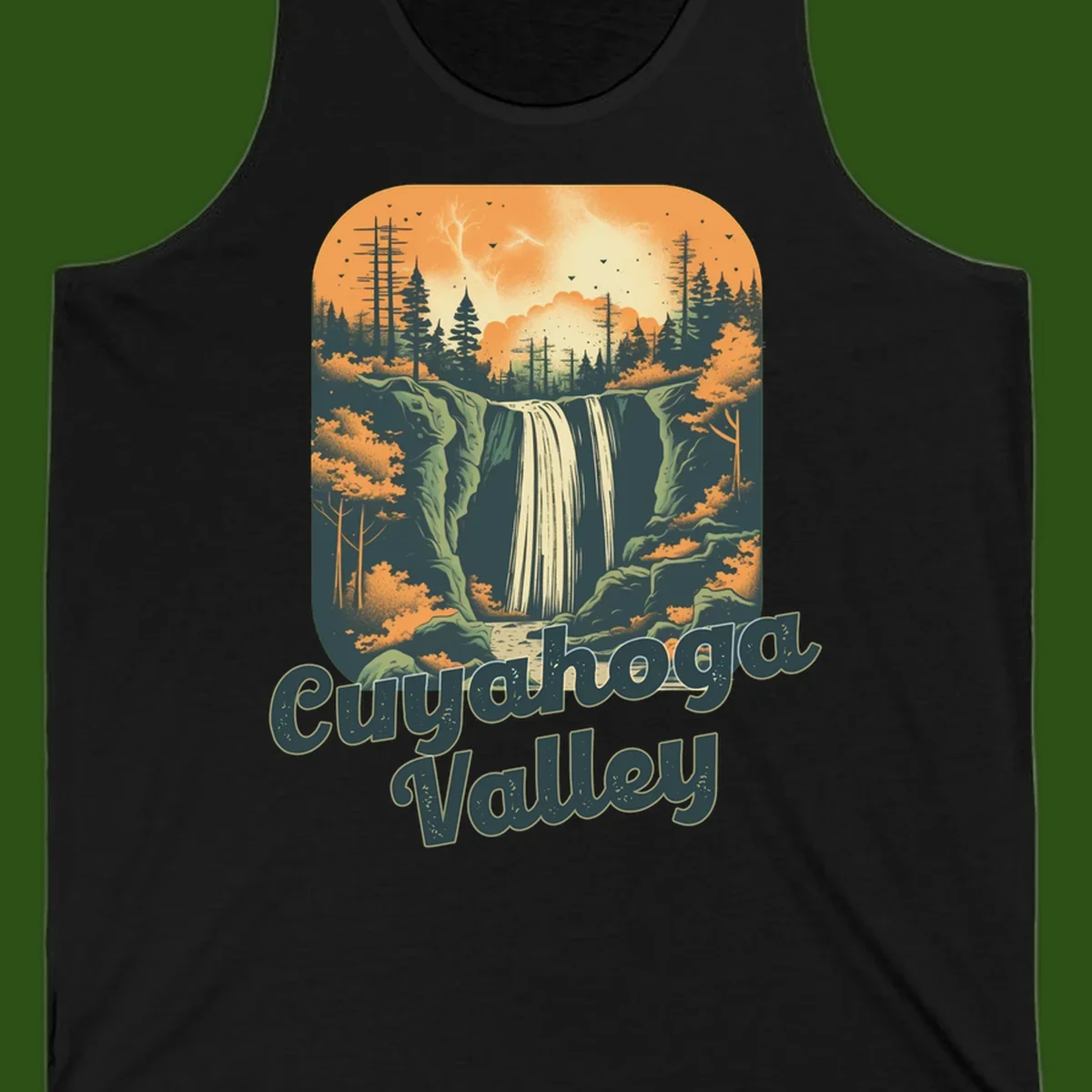 Vintage-style illustration of Eureka Valley waterfall with cliffs, evergreen trees, and autumn colors against warm orange sky