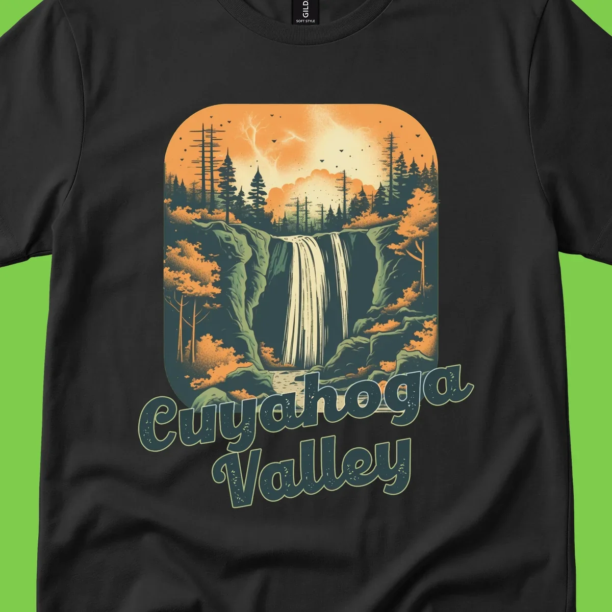 Vintage-style illustration of Eureka Valley waterfall with cliffs, evergreen trees, and autumn colors against warm orange sky