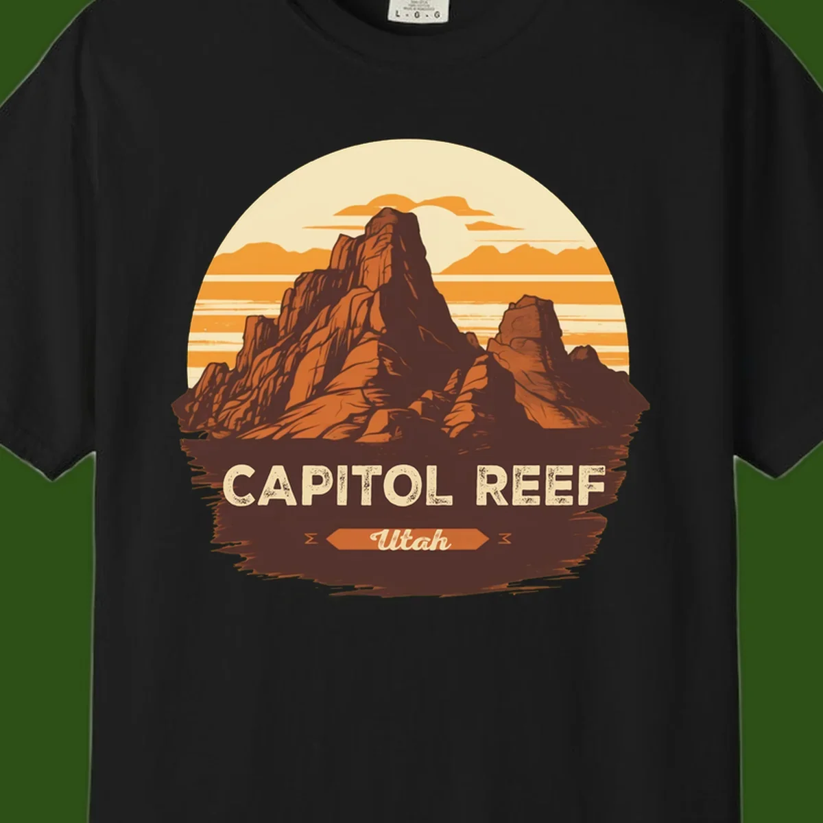 Vintage-style illustration of Capitol Reef Utah's dramatic desert rock formations and buttes against an orange sunset sky with cream clouds