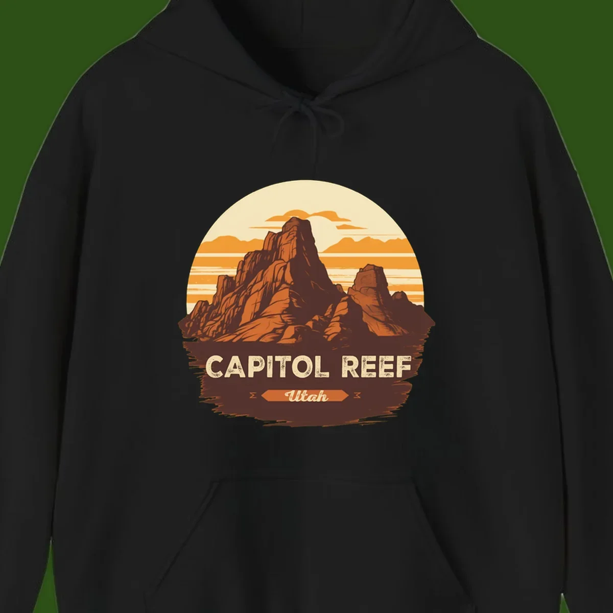 Vintage-style illustration of Capitol Reef Utah's dramatic desert rock formations and buttes against an orange sunset sky with cream clouds