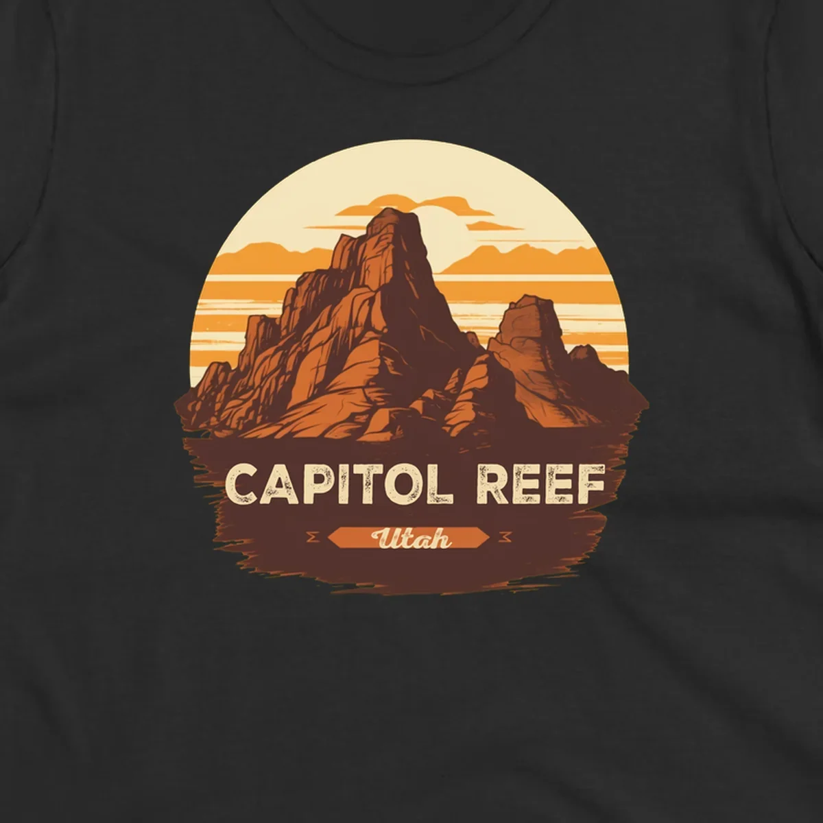 Vintage-style illustration of Capitol Reef Utah's dramatic desert rock formations and buttes against an orange sunset sky with cream clouds